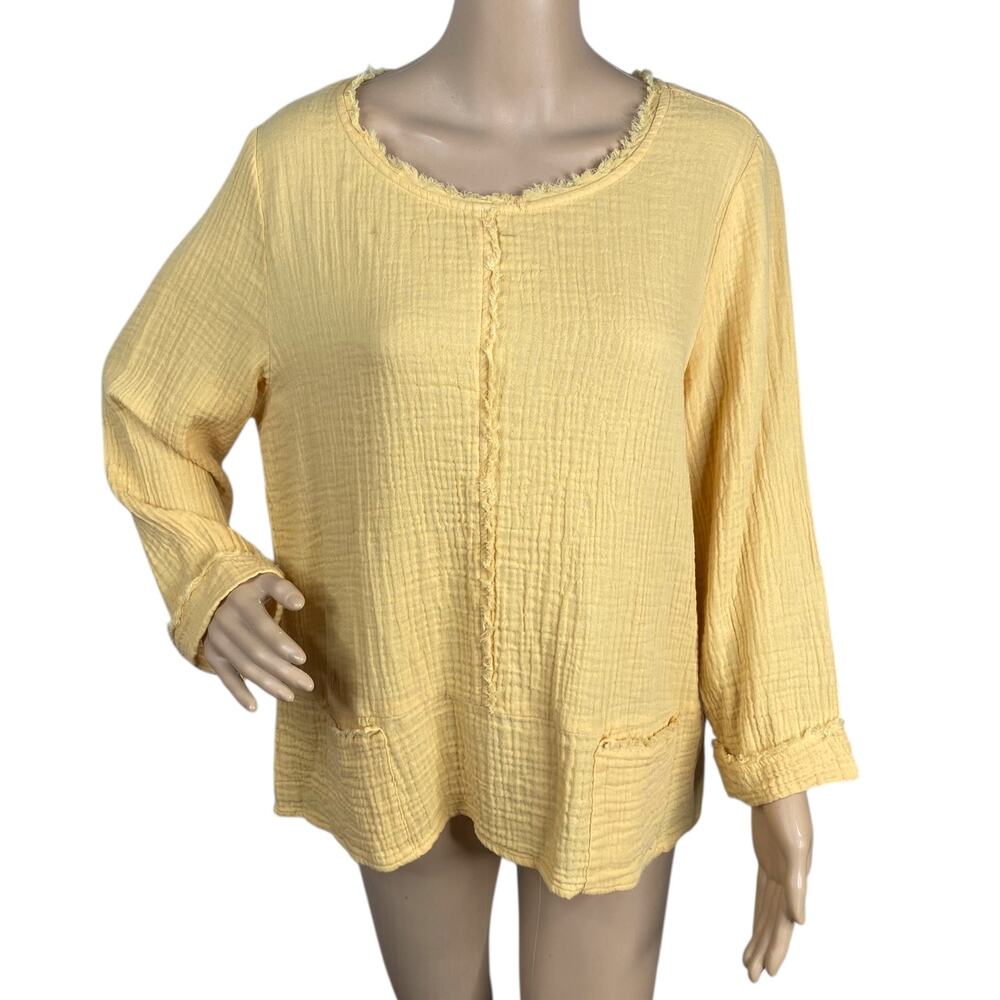 Habitat Ginger Yellow Crinkle Cotton Gauze Tunic Top Medium M Lagenlook Raw Edge